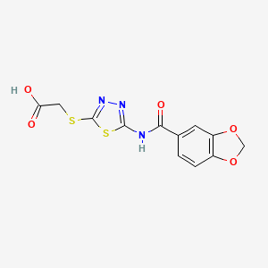 molecular formula C12H9N3O5S2 B2575098 2-({5-[(1,3-Benzodioxol-5-ylcarbonyl)amino]-1,3,4-thiadiazol-2-yl}sulfanyl)acetic acid CAS No. 294853-40-0