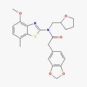 molecular formula C23H24N2O5S B2575129 2-(benzo[d][1,3]dioxol-5-yl)-N-(4-methoxy-7-methylbenzo[d]thiazol-2-yl)-N-((tetrahydrofuran-2-yl)methyl)acetamide CAS No. 922093-38-7