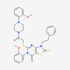 molecular formula C33H33N5O4S3 B2575168 6-(2-methoxyphenyl)-5-((2-(4-(2-methoxyphenyl)piperazin-1-yl)-2-oxoethyl)thio)-3-phenethyl-2-thioxo-2,3-dihydrothiazolo[4,5-d]pyrimidin-7(6H)-one CAS No. 422306-83-0