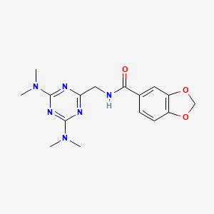 molecular formula C16H20N6O3 B2575191 N-((4,6-bis(dimethylamino)-1,3,5-triazin-2-yl)methyl)benzo[d][1,3]dioxole-5-carboxamide CAS No. 2034413-07-3