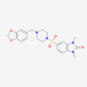 molecular formula C21H24N4O5S B257521 5-{[4-(1,3-benzodioxol-5-ylmethyl)piperazin-1-yl]sulfonyl}-1,3-dimethyl-1,3-dihydro-2H-benzimidazol-2-one 