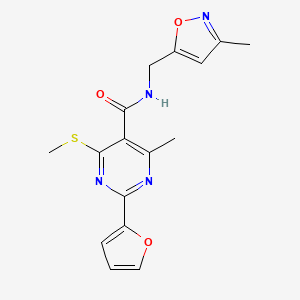 molecular formula C16H16N4O3S B2575318 2-(furan-2-yl)-4-methyl-N-[(3-methyl-1,2-oxazol-5-yl)methyl]-6-(methylsulfanyl)pyrimidine-5-carboxamide CAS No. 1445129-25-8