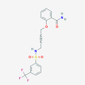 molecular formula C18H15F3N2O4S B2575432 2-((4-(3-(Trifluoromethyl)phenylsulfonamido)but-2-yn-1-yl)oxy)benzamide CAS No. 1448064-70-7