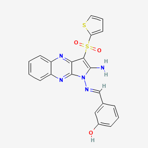 molecular formula C21H15N5O3S2 B2575492 (E)-3-(((2-amino-3-(thiophen-2-ylsulfonyl)-1H-pyrrolo[2,3-b]quinoxalin-1-yl)imino)methyl)phenol CAS No. 714937-52-7