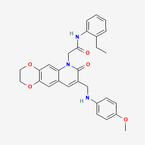 molecular formula C29H29N3O5 B2575573 N-(2-ethylphenyl)-2-(8-(((4-methoxyphenyl)amino)methyl)-7-oxo-2,3-dihydro-[1,4]dioxino[2,3-g]quinolin-6(7H)-yl)acetamide CAS No. 932470-62-7