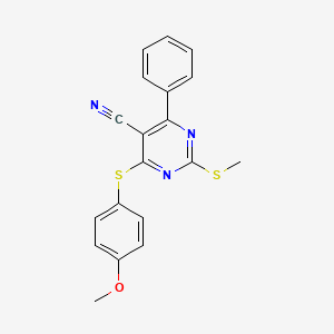 molecular formula C19H15N3OS2 B2575582 4-[(4-Methoxyphenyl)sulfanyl]-2-(methylsulfanyl)-6-phenyl-5-pyrimidinecarbonitrile CAS No. 341965-36-4