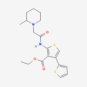 molecular formula C19H24N2O3S2 B2575597 Ethyl 2-[[2-(2-methylpiperidin-1-yl)acetyl]amino]-4-thiophen-2-ylthiophene-3-carboxylate CAS No. 1118794-07-2