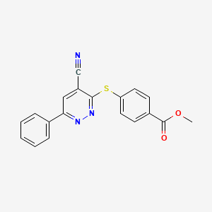 molecular formula C19H13N3O2S B2575639 Methyl 4-[(4-cyano-6-phenyl-3-pyridazinyl)sulfanyl]benzenecarboxylate CAS No. 338417-92-8