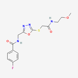 molecular formula C15H17FN4O4S B2575665 4-fluoro-N-[[5-[2-(2-methoxyethylamino)-2-oxoethyl]sulfanyl-1,3,4-oxadiazol-2-yl]methyl]benzamide CAS No. 903312-60-7