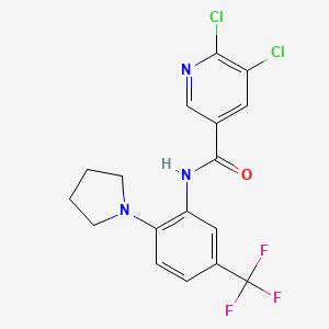 molecular formula C17H14Cl2F3N3O B2575698 5,6-dichloro-N-[2-pyrrolidin-1-yl-5-(trifluoromethyl)phenyl]pyridine-3-carboxamide CAS No. 930721-93-0