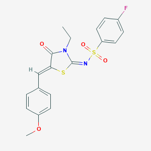 molecular formula C19H17FN2O4S2 B257572 N-[3-ethyl-5-(4-methoxybenzylidene)-4-oxo-1,3-thiazolidin-2-ylidene]-4-fluorobenzenesulfonamide 