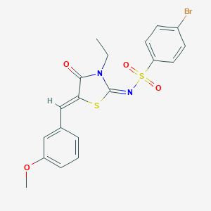 molecular formula C19H17BrN2O4S2 B257575 4-bromo-N-[3-ethyl-5-(3-methoxybenzylidene)-4-oxo-1,3-thiazolidin-2-ylidene]benzenesulfonamide 