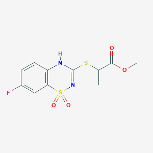 molecular formula C11H11FN2O4S2 B2575923 methyl 2-((7-fluoro-1,1-dioxido-4H-benzo[e][1,2,4]thiadiazin-3-yl)thio)propanoate CAS No. 899966-45-1