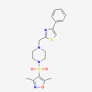 molecular formula C19H22N4O3S2 B2575929 3,5-Dimethyl-4-((4-((4-phenylthiazol-2-yl)methyl)piperazin-1-yl)sulfonyl)isoxazole CAS No. 1170387-87-7