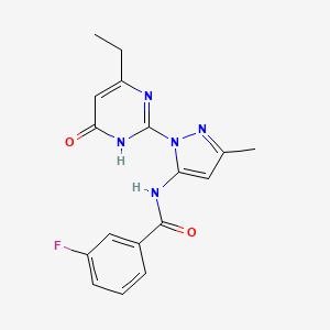 molecular formula C17H16FN5O2 B2576097 N-[2-(6-ethyl-4-oxo-1H-pyrimidin-2-yl)-5-methylpyrazol-3-yl]-3-fluorobenzamide CAS No. 1004389-36-9