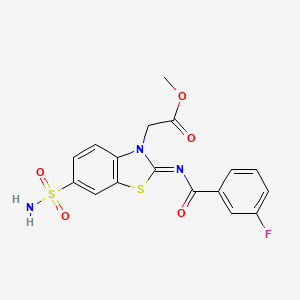 molecular formula C17H14FN3O5S2 B2576130 (Z)-methyl 2-(2-((3-fluorobenzoyl)imino)-6-sulfamoylbenzo[d]thiazol-3(2H)-yl)acetate CAS No. 865198-62-5