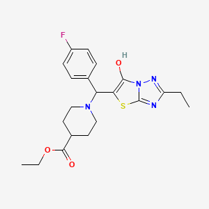 molecular formula C21H25FN4O3S B2576131 1-((2-乙基-6-羟基噻唑并[3,2-b][1,2,4]三唑-5-基)(4-氟苯基)甲基)哌啶-4-羧酸乙酯 CAS No. 887218-99-7