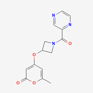 molecular formula C14H13N3O4 B2576160 6-methyl-4-((1-(pyrazine-2-carbonyl)azetidin-3-yl)oxy)-2H-pyran-2-one CAS No. 1788680-11-4