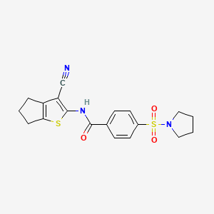 molecular formula C19H19N3O3S2 B2576168 N-(3-Cyano-5,6-dihydro-4H-cyclopenta[b]thiophen-2-yl)-4-(pyrrolidine-1-sulfonyl) CAS No. 307510-46-9