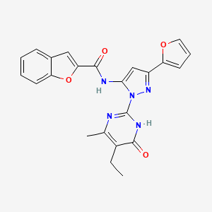 molecular formula C23H19N5O4 B2576190 N-(1-(5-ethyl-4-methyl-6-oxo-1,6-dihydropyrimidin-2-yl)-3-(furan-2-yl)-1H-pyrazol-5-yl)benzofuran-2-carboxamide CAS No. 1207027-78-8