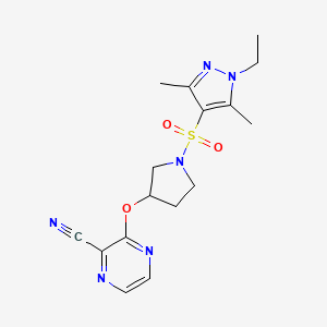 molecular formula C16H20N6O3S B2576192 3-((1-((1-ethyl-3,5-dimethyl-1H-pyrazol-4-yl)sulfonyl)pyrrolidin-3-yl)oxy)pyrazine-2-carbonitrile CAS No. 2034283-37-7