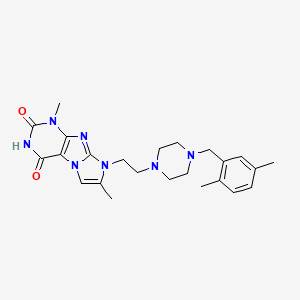 molecular formula C24H31N7O2 B2576200 8-(2-{4-[(2,5-Dimethylphenyl)methyl]piperazinyl}ethyl)-1,7-dimethyl-1,3,5-trih ydro-4-imidazolino[1,2-h]purine-2,4-dione CAS No. 923142-12-5