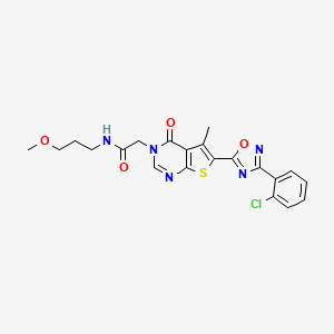 molecular formula C21H20ClN5O4S B2576215 2-(6-(3-(2-chlorophenyl)-1,2,4-oxadiazol-5-yl)-5-methyl-4-oxothieno[2,3-d]pyrimidin-3(4H)-yl)-N-(3-methoxypropyl)acetamide CAS No. 1242873-38-6
