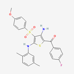 molecular formula C26H23FN2O4S2 B2576237 (3-Amino-5-((2,5-dimethylphenyl)amino)-4-((4-methoxyphenyl)sulfonyl)thiophen-2-yl)(4-fluorophenyl)methanone CAS No. 1115373-51-7