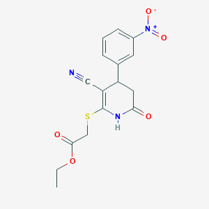 molecular formula C16H15N3O5S B2576303 乙酰基{[3-氰基-6-羟基-4-(3-硝基苯基)-4,5-二氢吡啶-2-基]硫代}乙酸酯 CAS No. 309268-12-0