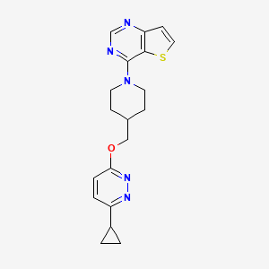 molecular formula C19H21N5OS B2576312 3-Cyclopropyl-6-[(1-{thieno[3,2-d]pyrimidin-4-yl}piperidin-4-yl)methoxy]pyridazine CAS No. 2309219-90-5