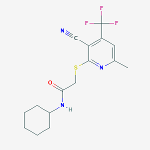 molecular formula C16H18F3N3OS B2576322 2-((3-cyano-6-methyl-4-(trifluoromethyl)pyridin-2-yl)thio)-N-cyclohexylacetamide CAS No. 339203-29-1