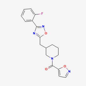 molecular formula C18H17FN4O3 B2576329 (3-((3-(2-Fluorophenyl)-1,2,4-oxadiazol-5-yl)methyl)piperidin-1-yl)(isoxazol-5-yl)methanone CAS No. 1705553-80-5