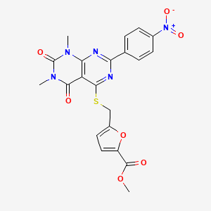 molecular formula C21H17N5O7S B2576374 5-(((6,8-二甲基-2-(4-硝基苯基)-5,7-二氧代-5,6,7,8-四氢嘧啶并[4,5-d]嘧啶-4-基)硫代)甲基)呋喃-2-羧酸甲酯 CAS No. 847190-70-9