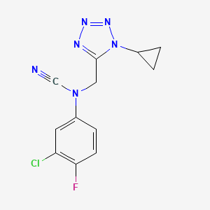 molecular formula C12H10ClFN6 B2576486 (3-Chloro-4-fluorophenyl)-[(1-cyclopropyltetrazol-5-yl)methyl]cyanamide CAS No. 1465378-79-3