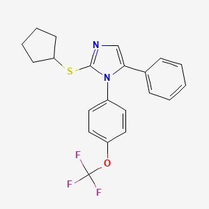 molecular formula C21H19F3N2OS B2576550 2-(シクロペンチルスルファニル)-5-フェニル-1-[4-(トリフルオロメトキシ)フェニル]-1H-イミダゾール CAS No. 1226437-54-2