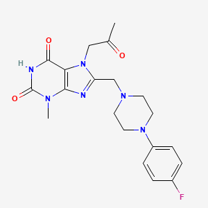 molecular formula C20H23FN6O3 B2576575 8-{[4-(4-fluorophenyl)piperazin-1-yl]methyl}-3-methyl-7-(2-oxopropyl)-3,7-dihydro-1H-purine-2,6-dione CAS No. 862979-92-8