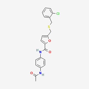 molecular formula C21H19ClN2O3S B2576576 N-(4-acetamidophenyl)-5-(((2-chlorobenzyl)thio)methyl)furan-2-carboxamide CAS No. 1448046-71-6