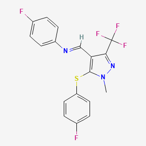 molecular formula C18H12F5N3S B2576585 4-fluoro-N-{[5-[(4-fluorophenyl)sulfanyl]-1-methyl-3-(trifluoromethyl)-1H-pyrazol-4-yl]methylene}aniline CAS No. 400082-01-1