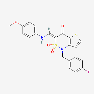 molecular formula C21H17FN2O4S2 B2576591 (Z)-1-(4-fluorobenzyl)-3-(((4-methoxyphenyl)amino)methylene)-1H-thieno[3,2-c][1,2]thiazin-4(3H)-one 2,2-dioxide CAS No. 894680-93-4