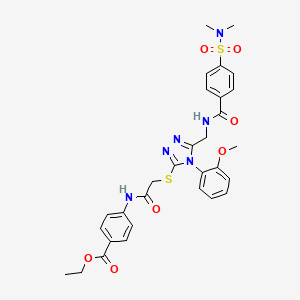 molecular formula C30H32N6O7S2 B2576593 Ethyl 4-[[2-[[5-[[[4-(dimethylsulfamoyl)benzoyl]amino]methyl]-4-(2-methoxyphenyl)-1,2,4-triazol-3-yl]sulfanyl]acetyl]amino]benzoate CAS No. 310427-36-2