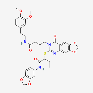 molecular formula C34H36N4O9S B2576662 N-(benzo[d][1,3]dioxol-5-yl)-2-((7-(4-((3,4-dimethoxyphenethyl)amino)-4-oxobutyl)-8-oxo-7,8-dihydro-[1,3]dioxolo[4,5-g]quinazolin-6-yl)thio)butanamide CAS No. 688060-77-7