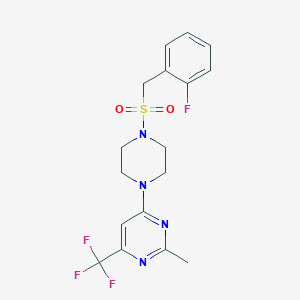 molecular formula C17H18F4N4O2S B2576770 4-(4-((2-Fluorobenzyl)sulfonyl)piperazin-1-yl)-2-methyl-6-(trifluoromethyl)pyrimidine CAS No. 2034603-08-0
