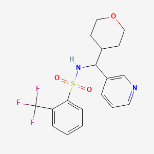 molecular formula C18H19F3N2O3S B2576837 N-(pyridin-3-yl(tetrahydro-2H-pyran-4-yl)methyl)-2-(trifluoromethyl)benzenesulfonamide CAS No. 2034399-42-1