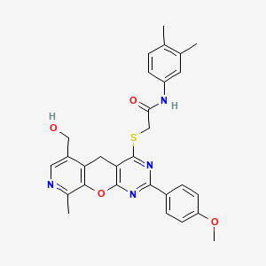 molecular formula C29H28N4O4S B2576842 N-(3,4-dimethylphenyl)-2-((6-(hydroxymethyl)-2-(4-methoxyphenyl)-9-methyl-5H-pyrido[4',3':5,6]pyrano[2,3-d]pyrimidin-4-yl)thio)acetamide CAS No. 892382-00-2