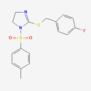 molecular formula C17H17FN2O2S2 B2577041 2-((4-fluorobenzyl)thio)-1-tosyl-4,5-dihydro-1H-imidazole CAS No. 868216-84-6