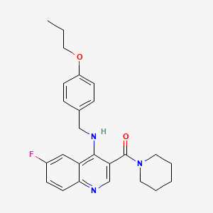 molecular formula C25H28FN3O2 B2577056 (6-フルオロ-4-((4-プロポキシベンジル)アミノ)キノリン-3-イル)(ピペリジン-1-イル)メタノン CAS No. 1326833-67-3