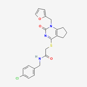 molecular formula C21H20ClN3O3S B2577091 N-(4-chlorobenzyl)-2-((1-(furan-2-ylmethyl)-2-oxo-2,5,6,7-tetrahydro-1H-cyclopenta[d]pyrimidin-4-yl)thio)acetamide CAS No. 946219-41-6