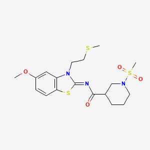 molecular formula C18H25N3O4S3 B2577155 （Z）-N-(5-甲氧基-3-(2-(甲硫基)乙基)苯并[d]噻唑-2(3H)-亚甲基)-1-(甲磺酰基)哌啶-3-甲酰胺 CAS No. 1058219-17-2