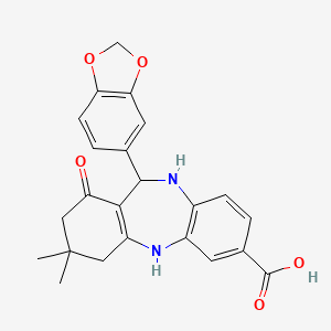 molecular formula C23H22N2O5 B2577175 6-(1,3-Benzodioxol-5-yl)-9,9-Dimethyl-7-oxo-6,8,10,11-tetrahydro-5H-benzo[b][1,4]benzodiazepin-2-carbonsäure CAS No. 1024289-56-2