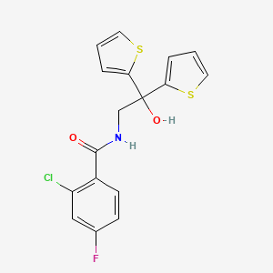 molecular formula C17H13ClFNO2S2 B2577227 2-chloro-4-fluoro-N-(2-hydroxy-2,2-di(thiophen-2-yl)ethyl)benzamide CAS No. 2034477-85-3